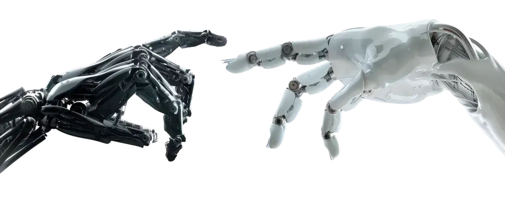 Two robotic hands reaching toward each other